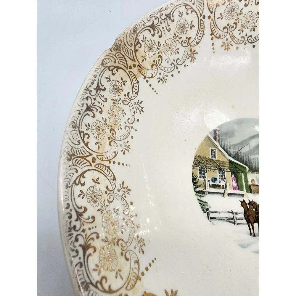 Royal Monarch Currier & Ives Winter Scene Bowl 22KT Gold Filigree Rim Vintage